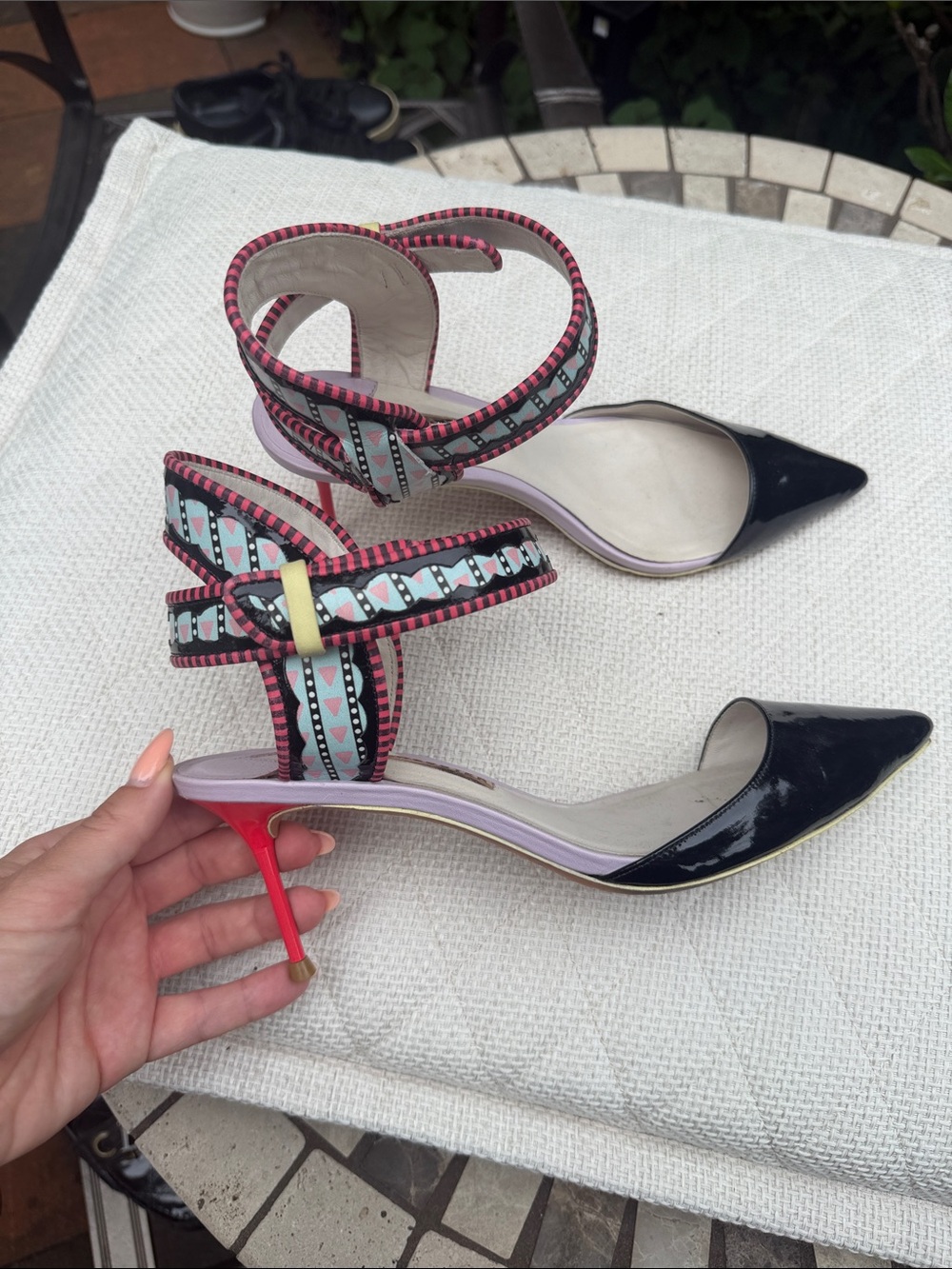 Sophia Webster Black Patent Pointed-Toe Ankle-Strap Heels with Pink Stiletto
